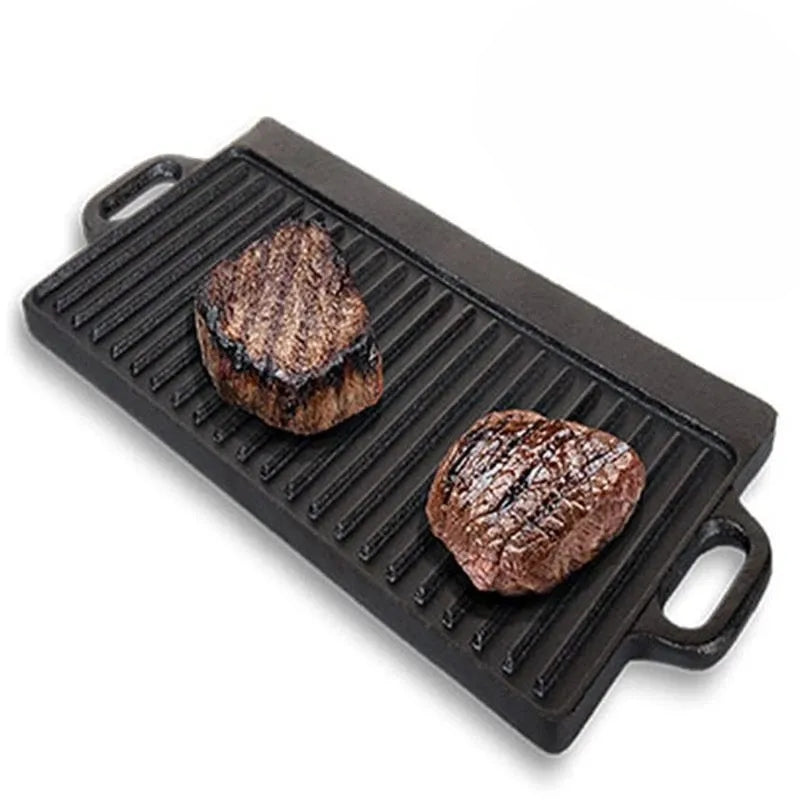 1x Double Sided Cast Iron Griddle 50x23CM, Universal Griddle Pan Compatible with Gas/Electric/Induction Cooktops, Heavy-Duty Large Cooking Pan for Barbecues and Family Meal