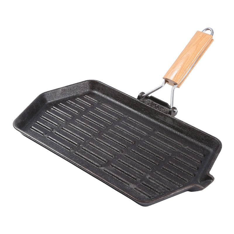 1x Foldable Handle Cast Iron Frying Pan (21x35cm) - Ridged Bottom, Solid Wood Grip, Multi-Stove Friendly, Heavy-Duty Cookware for Steak/Pancake/Home Meals