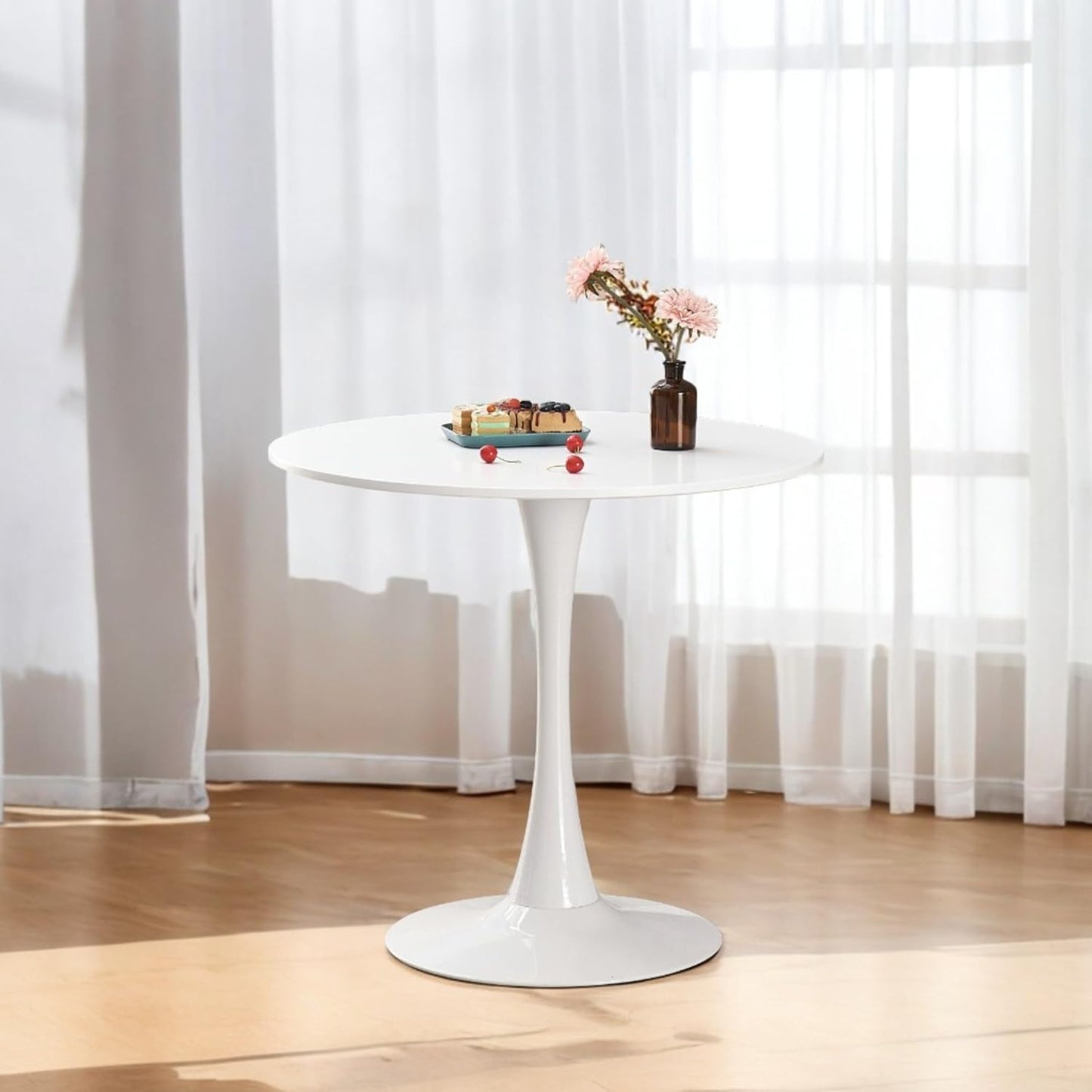 DEJINBU 1x Round Dining Table 80cm White Top Metal Pedestal For Home Cafe Office