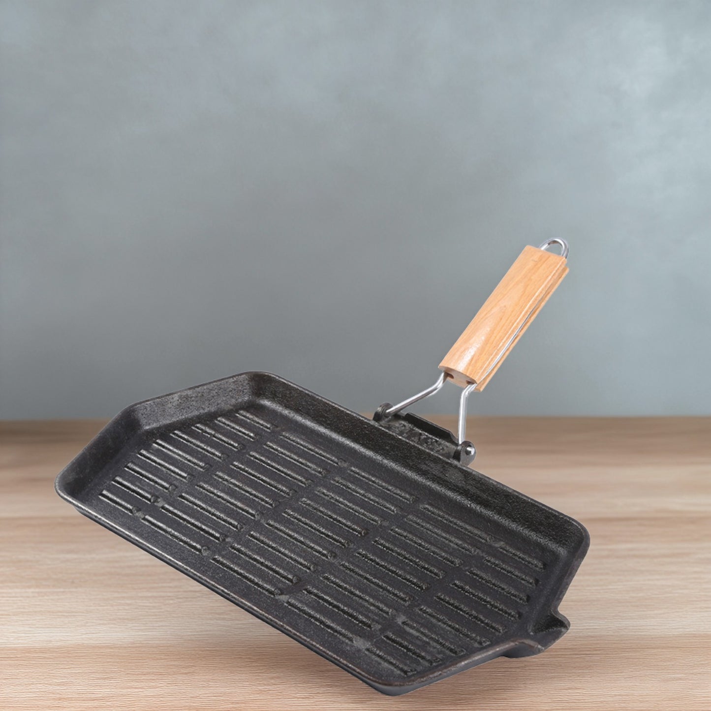 1x Foldable Handle Cast Iron Frying Pan (21x35cm) - Ridged Bottom, Solid Wood Grip, Multi-Stove Friendly, Heavy-Duty Cookware for Steak/Pancake/Home Meals