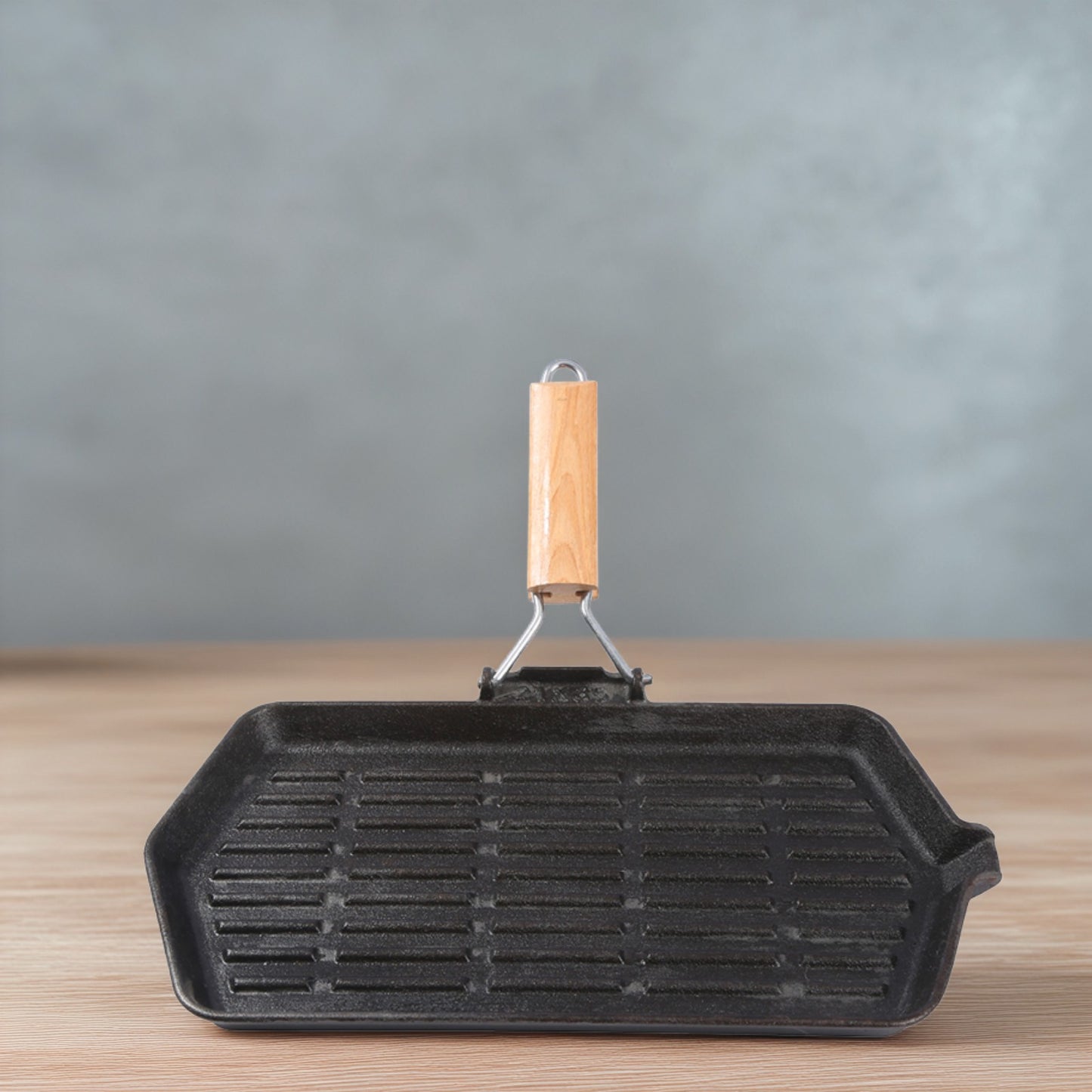 1x Foldable Handle Cast Iron Frying Pan (21x35cm) - Ridged Bottom, Solid Wood Grip, Multi-Stove Friendly, Heavy-Duty Cookware for Steak/Pancake/Home Meals