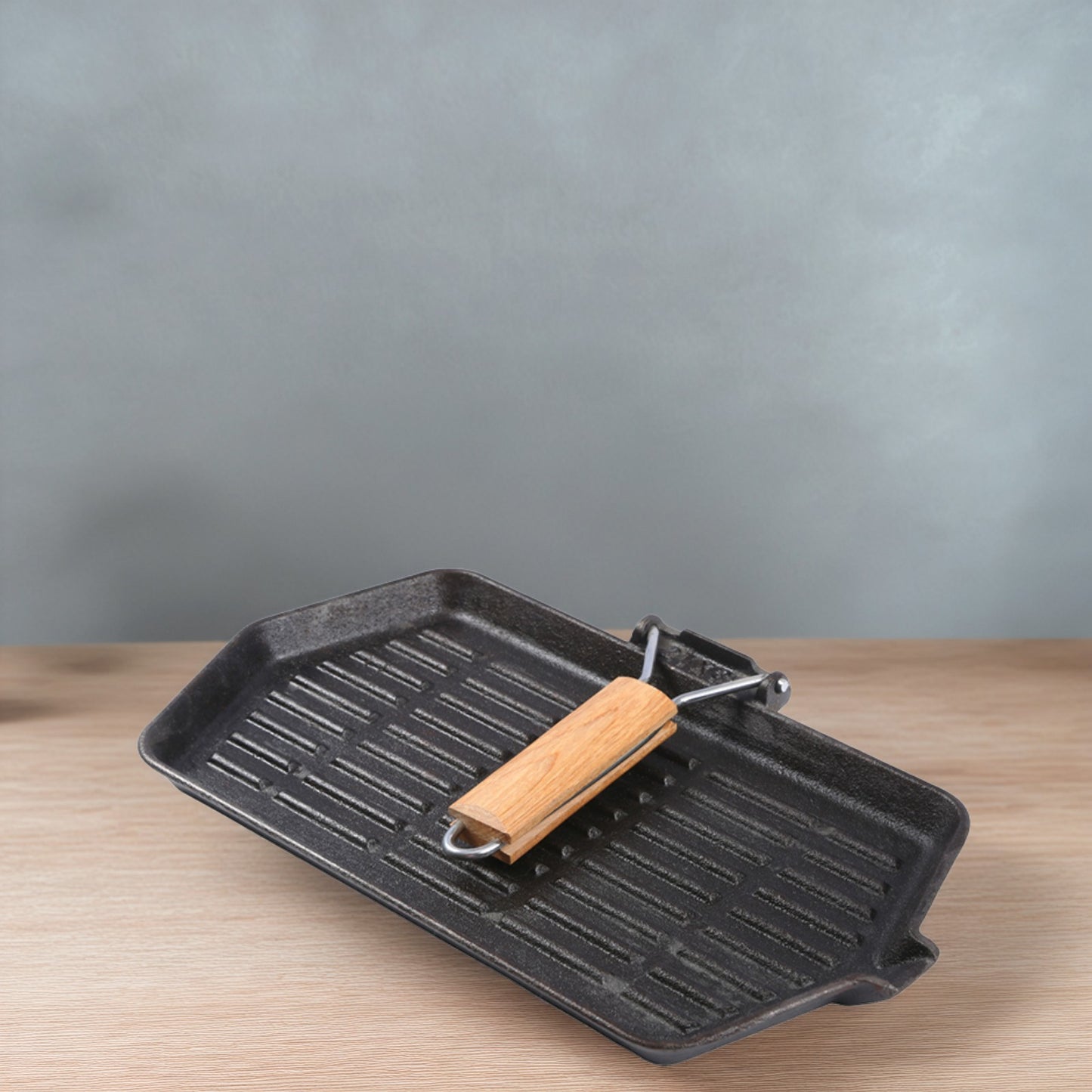 1x Foldable Handle Cast Iron Frying Pan (21x35cm) - Ridged Bottom, Solid Wood Grip, Multi-Stove Friendly, Heavy-Duty Cookware for Steak/Pancake/Home Meals