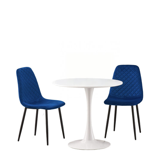 DEJINBU 3pcs Table Set 1x 80CM White Tulip Table With 2x Blue Velvet Dining Chair For Home Cafe Office