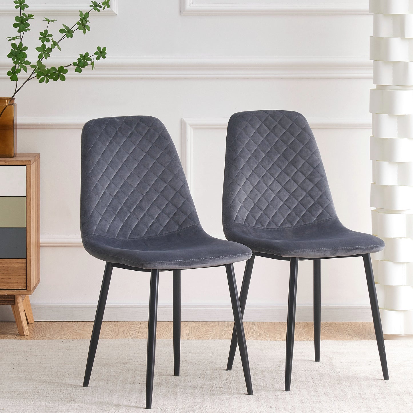 DEJINBU 2x Grey Velvet Dining Chairs Padded Seat Black Metal Legs For Home Cafe Office