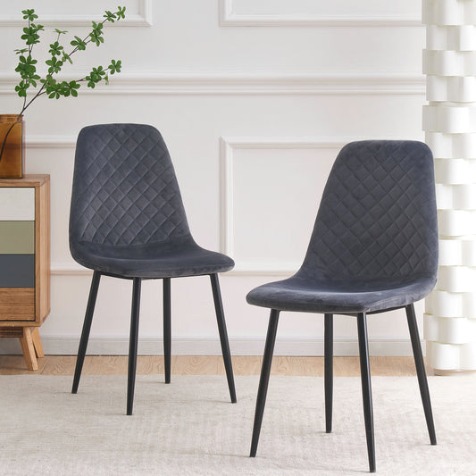 DEJINBU 2x Grey Velvet Dining Chairs Padded Seat Black Metal Legs For Home Cafe Office