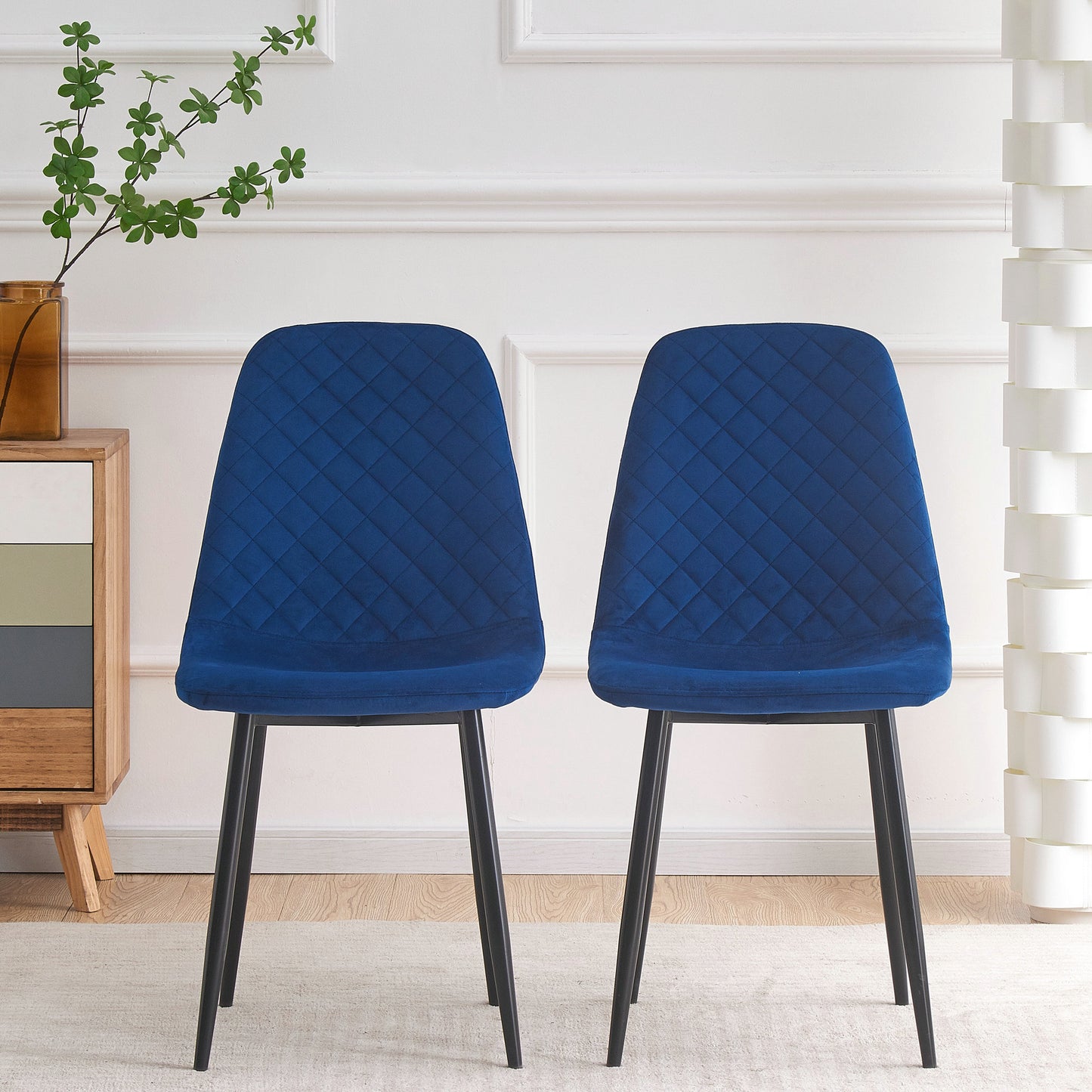 DEJINBU 2x Blue Velvet Dining Chairs Padded Seat Black Metal Legs For Home Cafe Office