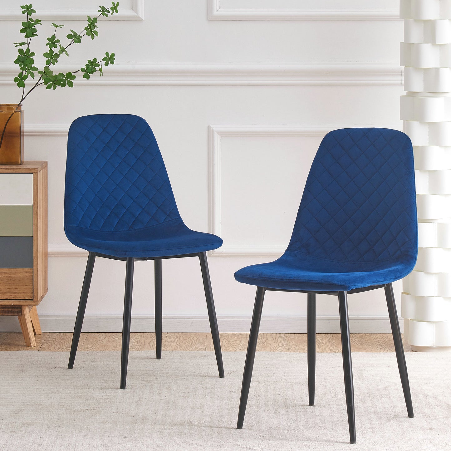 DEJINBU 2x Blue Velvet Dining Chairs Padded Seat Black Metal Legs For Home Cafe Office