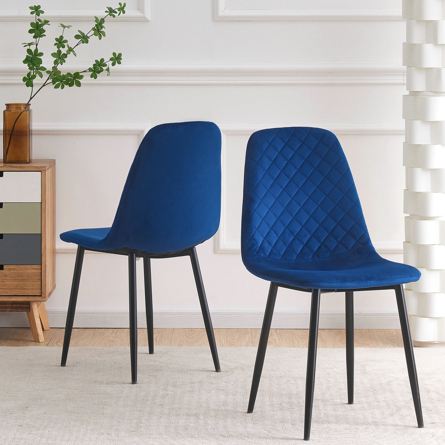 DEJINBU 2x Blue Velvet Dining Chairs Padded Seat Black Metal Legs For Home Cafe Office