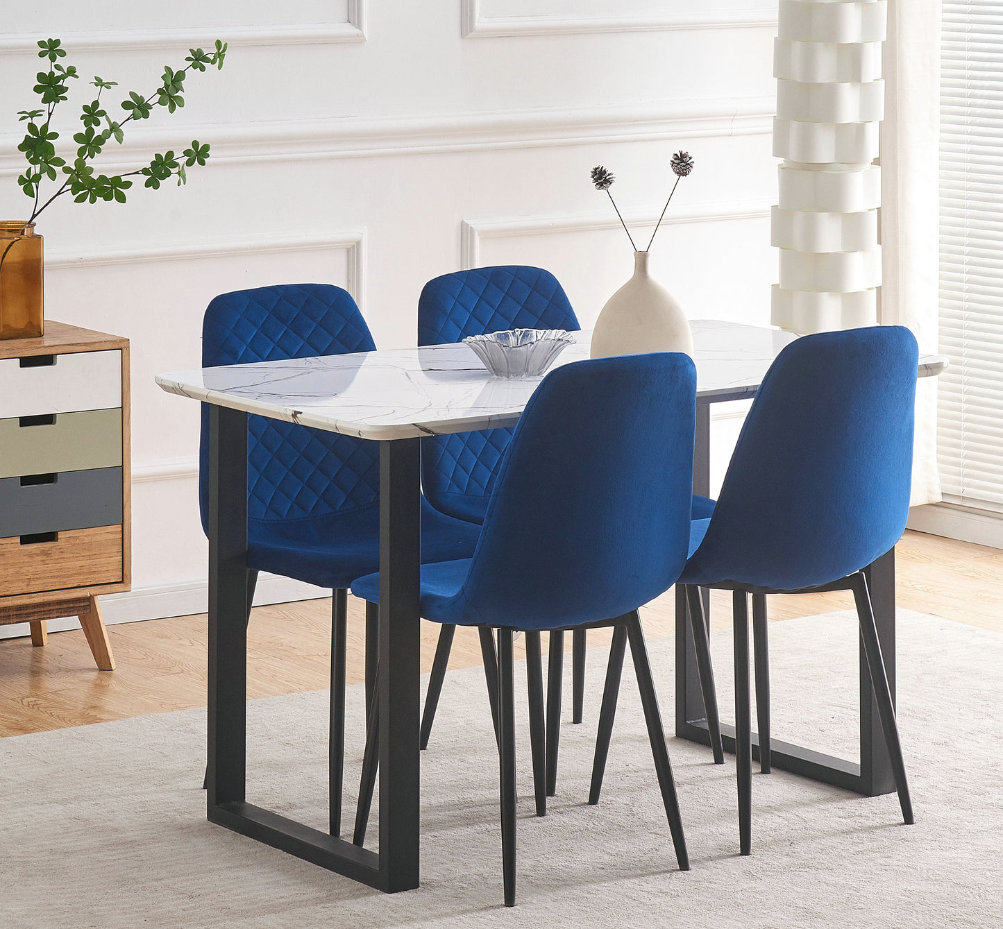 DEJINBU 2x Blue Velvet Dining Chairs Padded Seat Black Metal Legs For Home Cafe Office