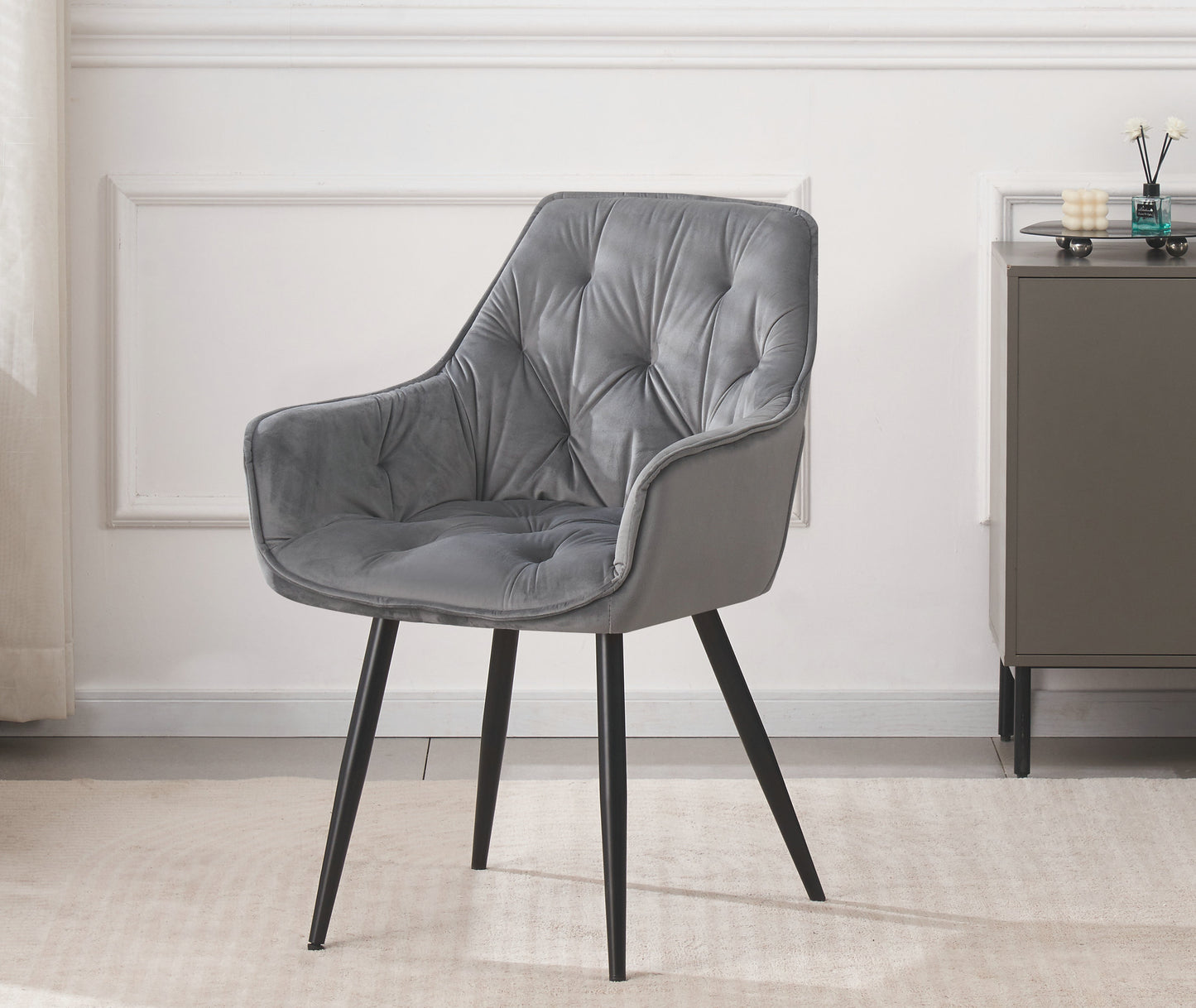 DEJINBU 1x Grey Velvet Armchair Dining Chair Tufted seat Black Metal Legs Home Cafe