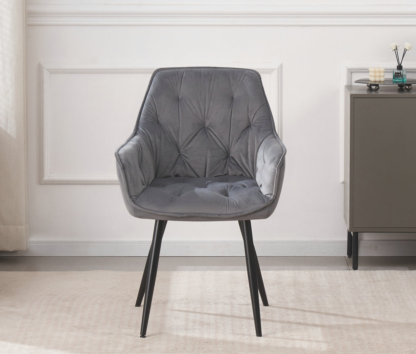 DEJINBU 1x Grey Velvet Armchair Dining Chair Tufted seat Black Metal Legs Home Cafe