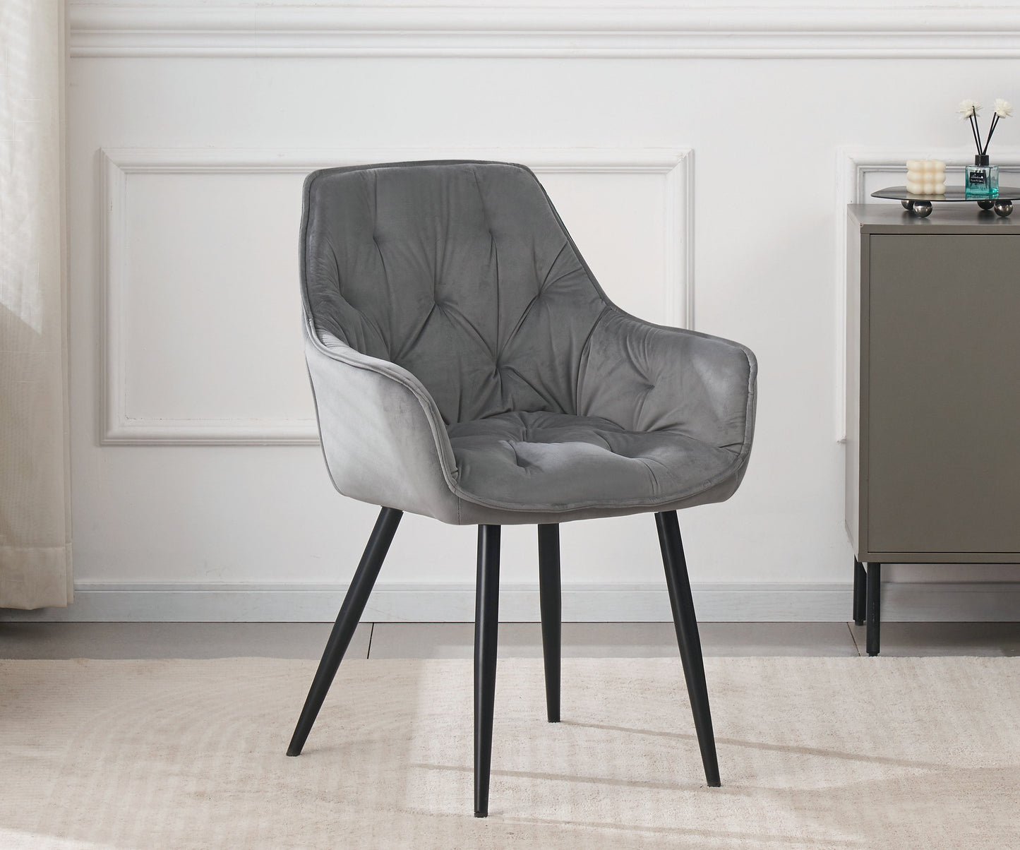 DEJINBU 1x Grey Velvet Armchair Dining Chair Tufted seat Black Metal Legs Home Cafe
