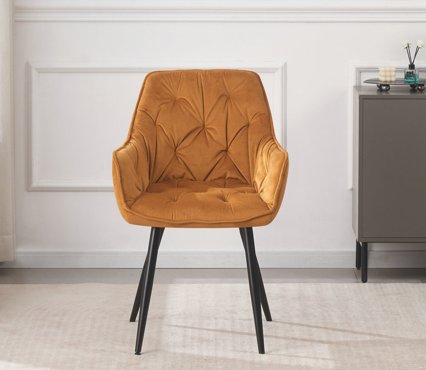 DEJINBU 1x Mustard Velvet Armchair Dining Chair Tufted seat Black Metal Legs Home Cafe