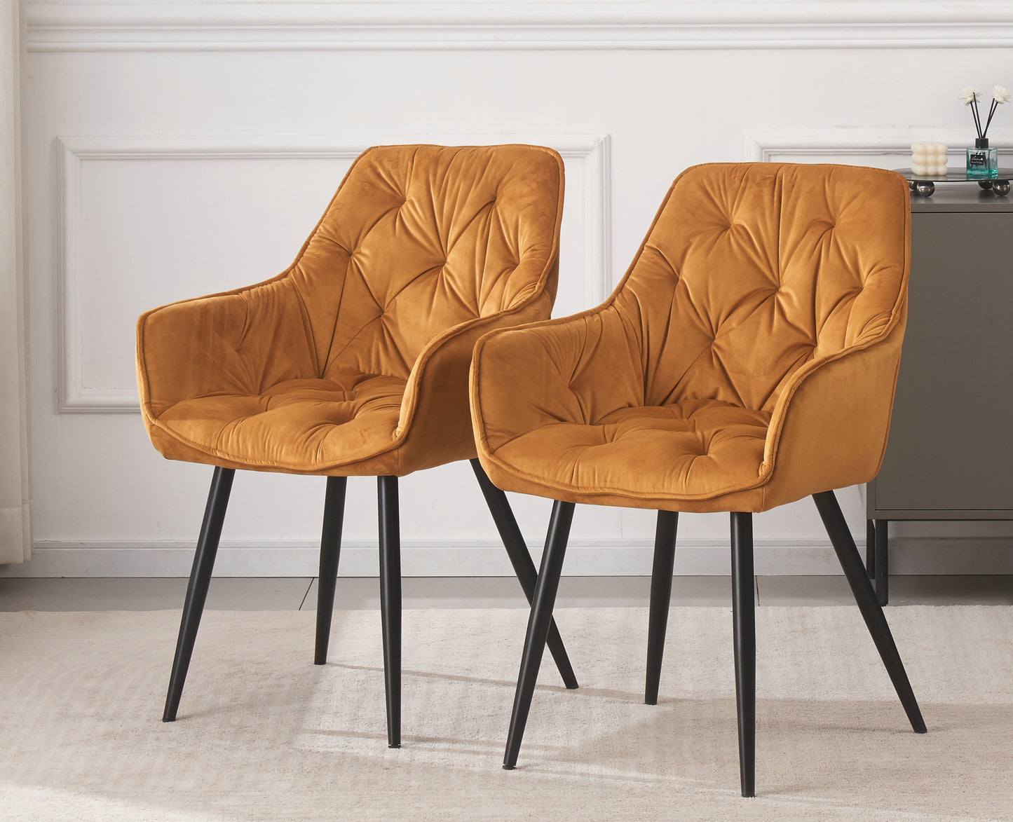 DEJINBU 1x Mustard Velvet Armchair Dining Chair Tufted seat Black Metal Legs Home Cafe