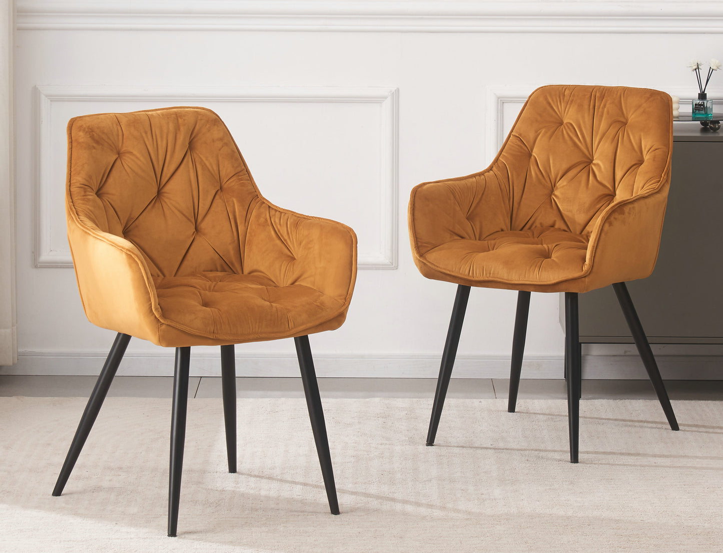 DEJINBU 1x Mustard Velvet Armchair Dining Chair Tufted seat Black Metal Legs Home Cafe