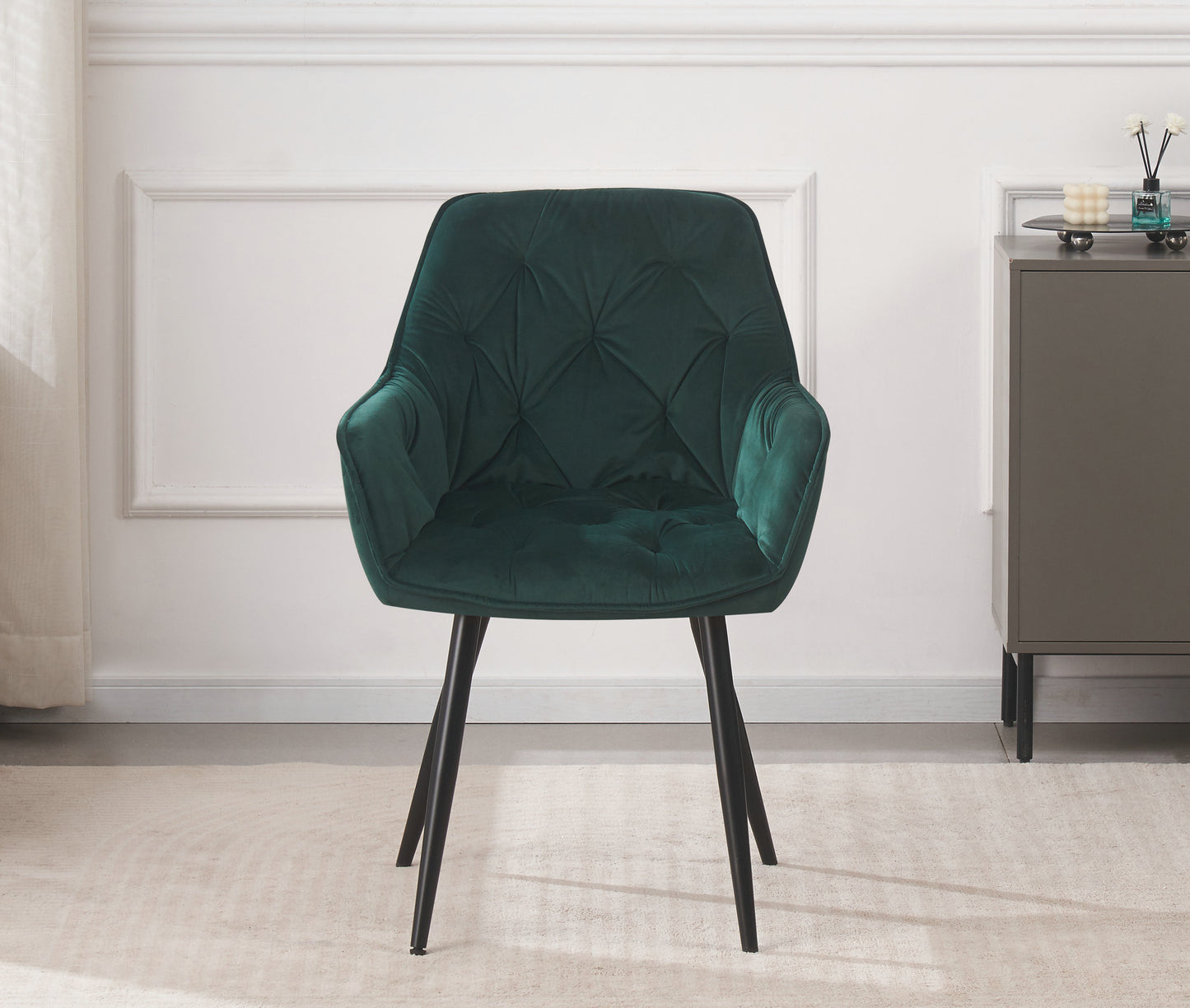 DEJINBU 1x Green Velvet Armchair Dining Chair Tufted seat Black Metal Legs Home Cafe
