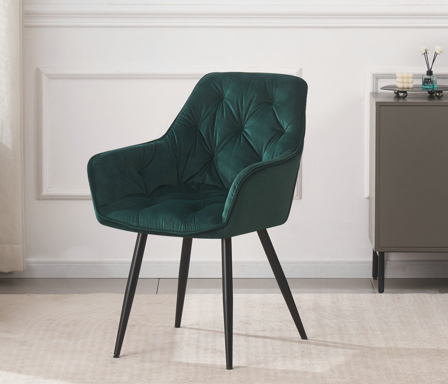 DEJINBU 1x Green Velvet Armchair Dining Chair Tufted seat Black Metal Legs Home Cafe
