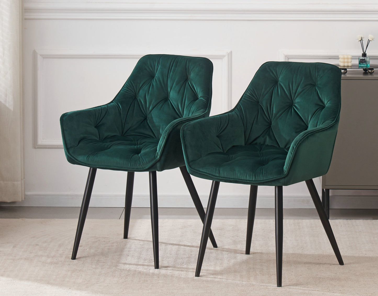 DEJINBU 1x Green Velvet Armchair Dining Chair Tufted seat Black Metal Legs Home Cafe