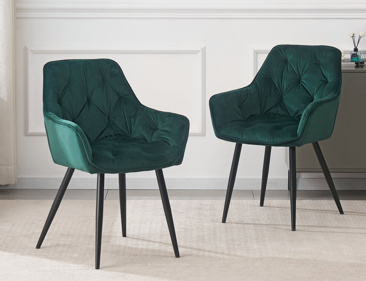 DEJINBU 1x Green Velvet Armchair Dining Chair Tufted seat Black Metal Legs Home Cafe