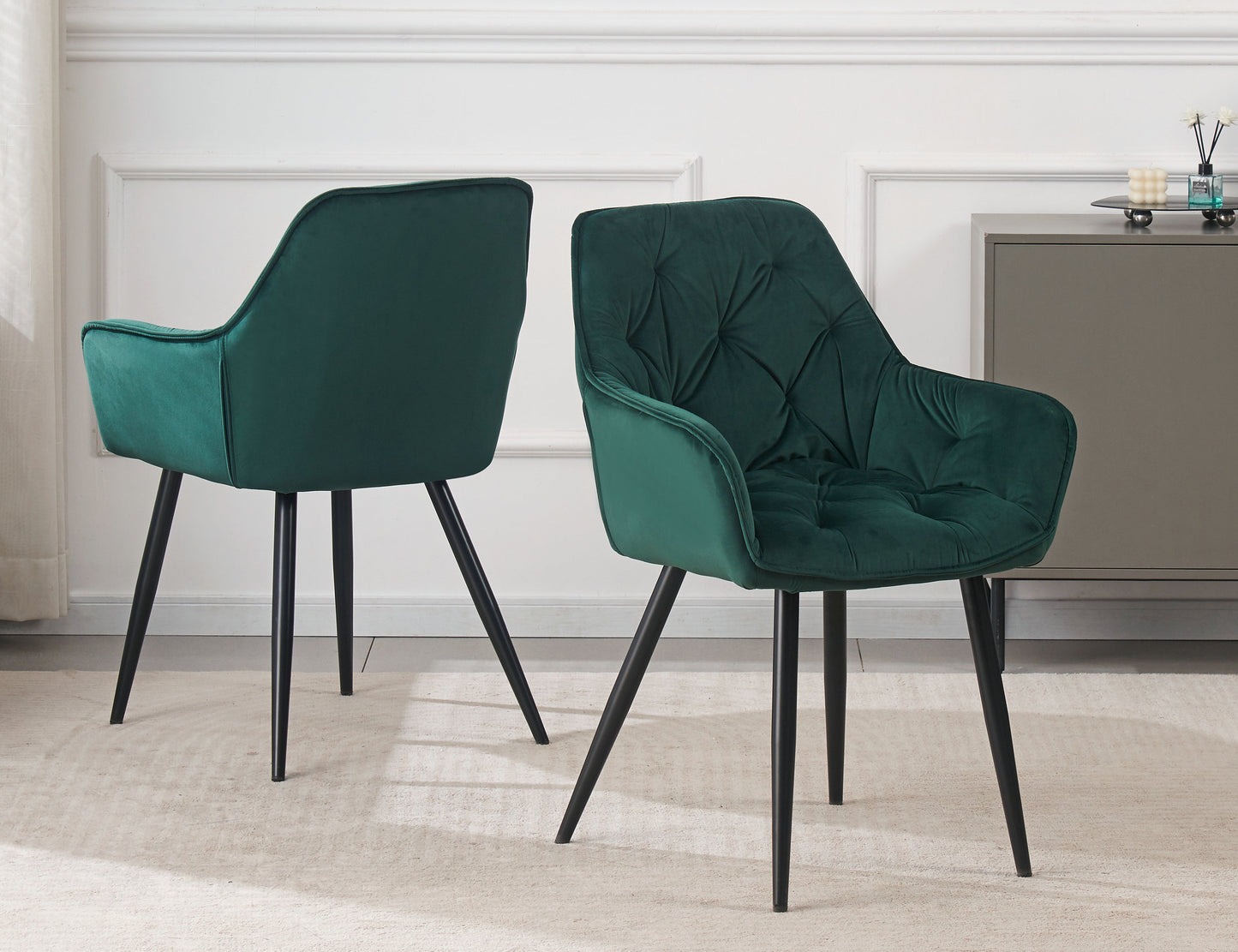 DEJINBU 1x Green Velvet Armchair Dining Chair Tufted seat Black Metal Legs Home Cafe