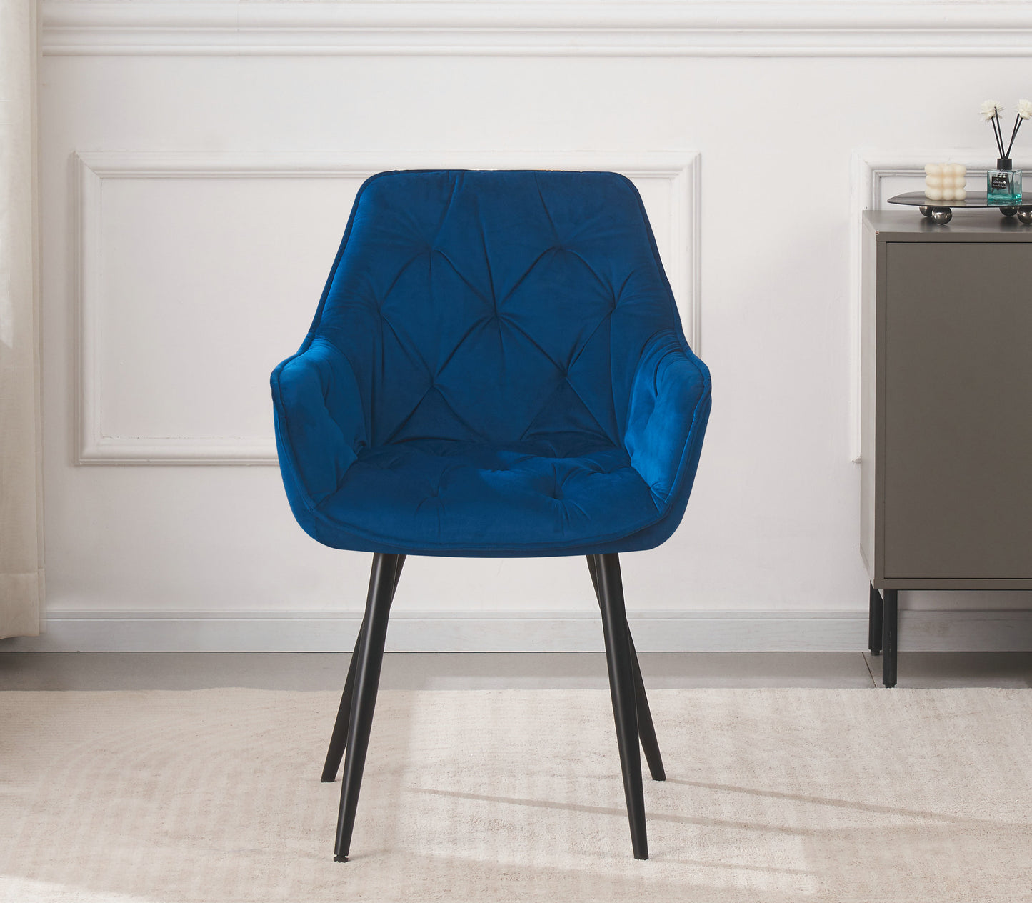 DEJINBU 1x Blue Velvet Armchair Dining Chair Tufted seat Black Metal Legs Home Cafe