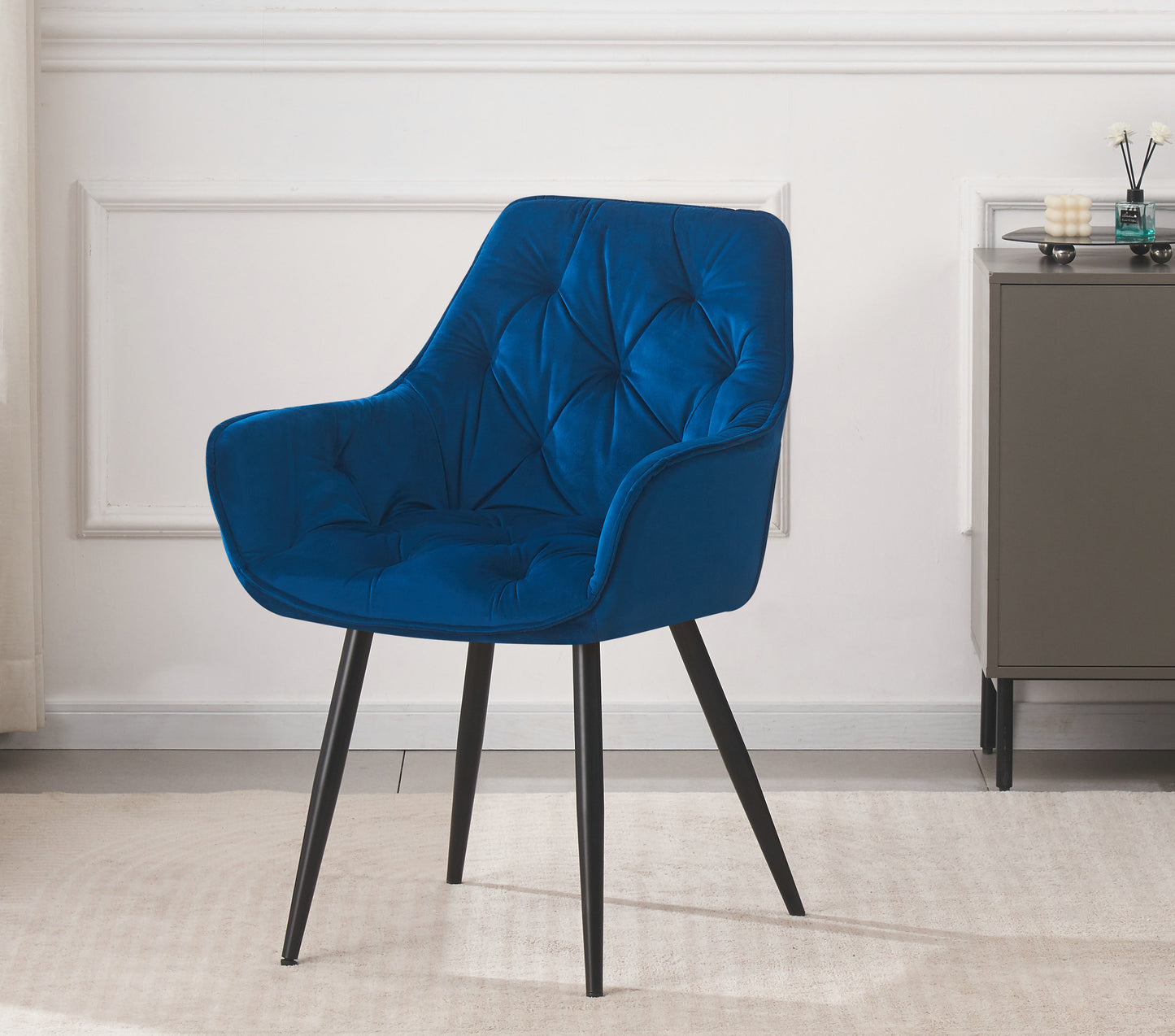 DEJINBU 1x Blue Velvet Armchair Dining Chair Tufted seat Black Metal Legs Home Cafe