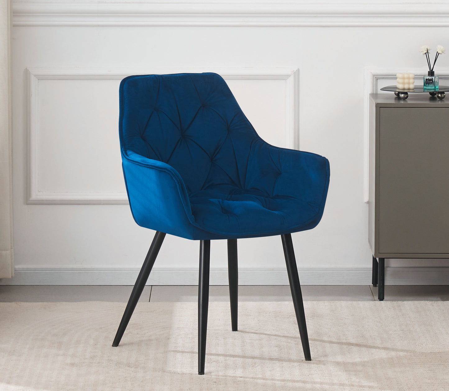 DEJINBU 1x Blue Velvet Armchair Dining Chair Tufted seat Black Metal Legs Home Cafe