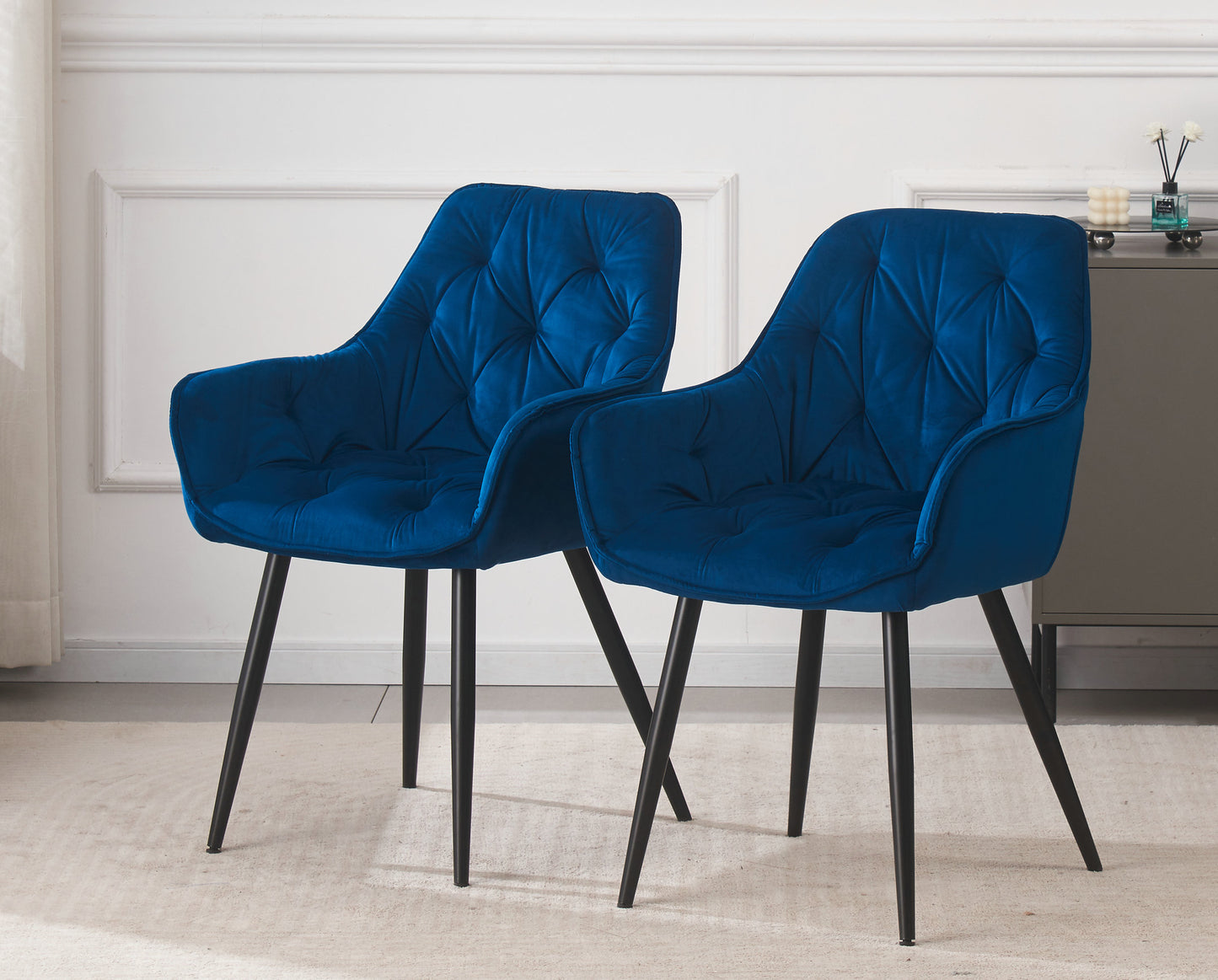 DEJINBU 1x Blue Velvet Armchair Dining Chair Tufted seat Black Metal Legs Home Cafe