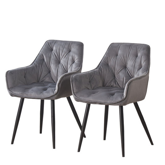 DEJINBU 2x Grey Velvet Armchair Dining Chair Tufted seat Black Metal Legs Home Cafe