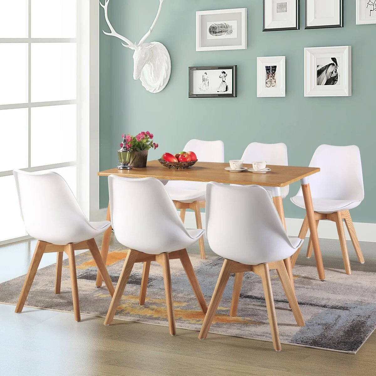 DEJINBU 2x White Dining Chairs PU padded Seat Beech Wood Legs For Home Cafe Office
