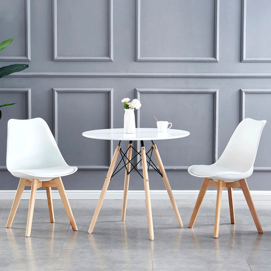 DEJINBU 3pcs Table Set 1x 80CM White Round Table With 2x White PP Padded Chair For Home Cafe Office