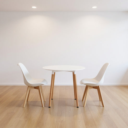 DEJINBU 3pcs Table Set 1x 80CM White Round Table With 2x White PP Padded Chair For Home Cafe Office Apartment