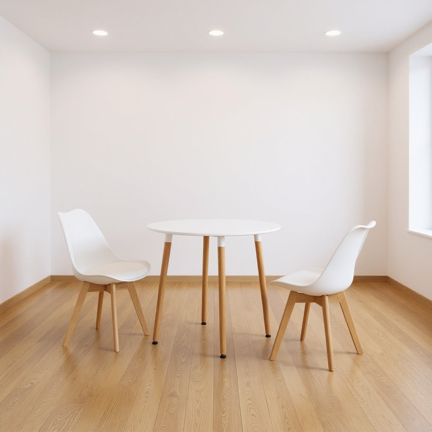 DEJINBU 3pcs Table Set 1x 80CM White Round Table With 2x White PP Padded Chair For Home Cafe Office Apartment