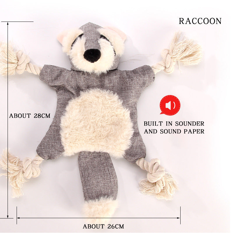 1x Grey Raccoon Squeaky Pet Plush Toy Teething Rope Knot Padded Chew Toy