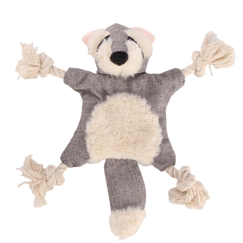 1x Grey Raccoon Squeaky Pet Plush Toy Teething Rope Knot Padded Chew Toy
