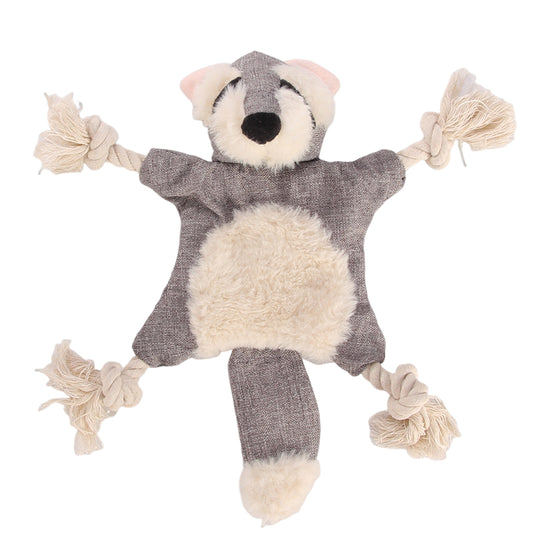 1x Grey Raccoon Squeaky Pet Plush Toy Teething Rope Knot Padded Chew Toy
