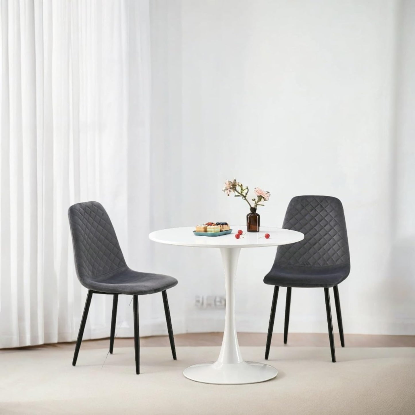 DEJINB 3pcs Table Set 1x 80CM White Tulip Table With 2x Grey Velvet Dining Chair For Home Cafe Office