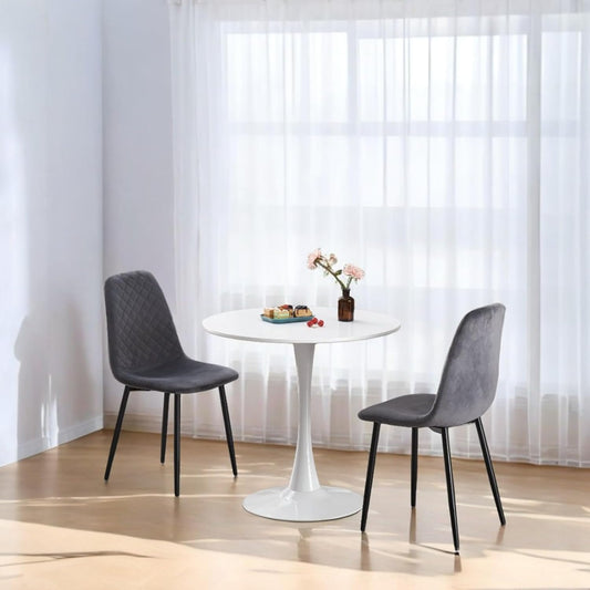 DEJINB 3pcs Table Set 1x 80CM White Tulip Table With 2x Grey Velvet Dining Chair For Home Cafe Office