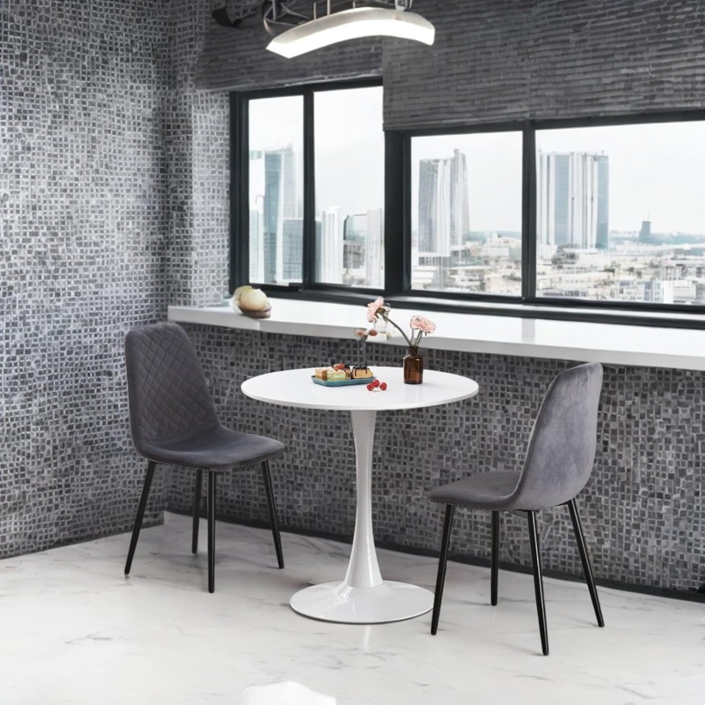 DEJINB 3pcs Table Set 1x 80CM White Tulip Table With 2x Grey Velvet Dining Chair For Home Cafe Office