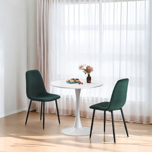 DEJINB 3pcs Table Set 1x 80CM White Tulip Table With 2x Green Velvet Dining Chair For Home Cafe Office