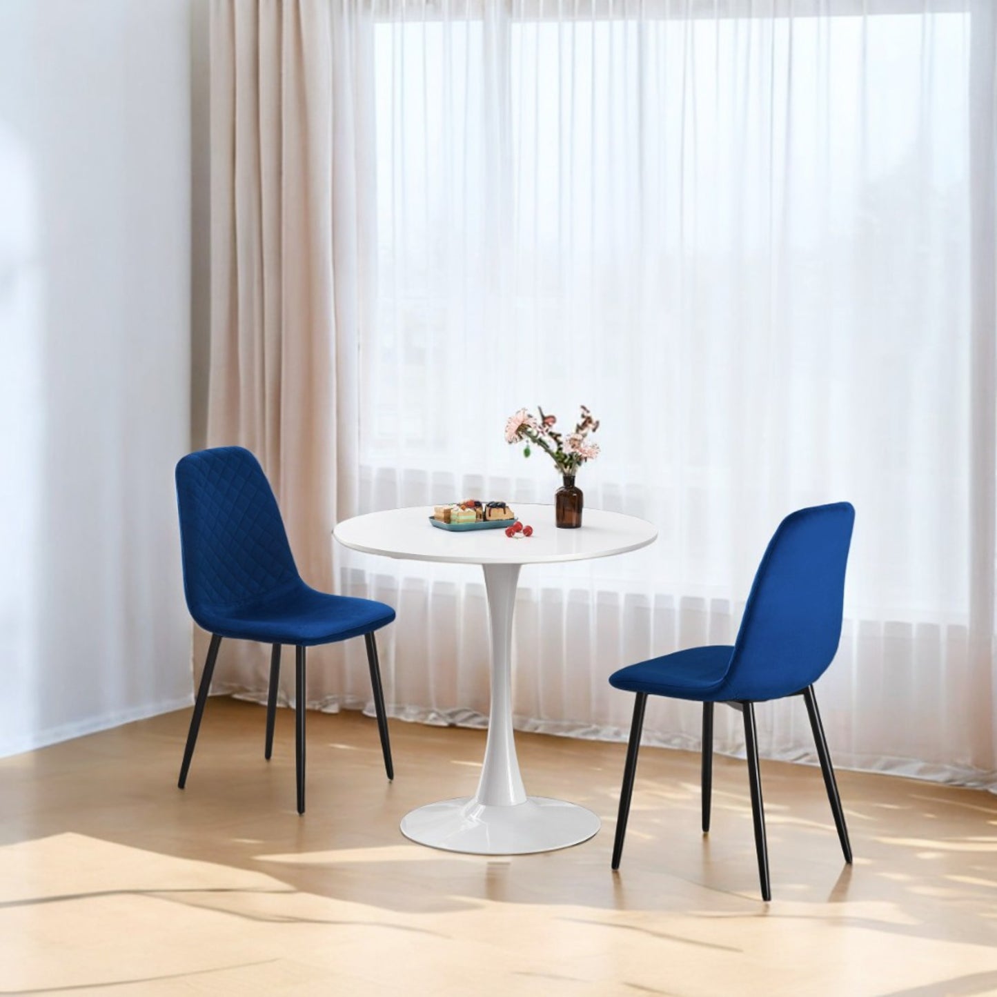 DEJINBU 3pcs Table Set 1x 80CM White Tulip Table With 2x Blue Velvet Dining Chair For Home Cafe Office