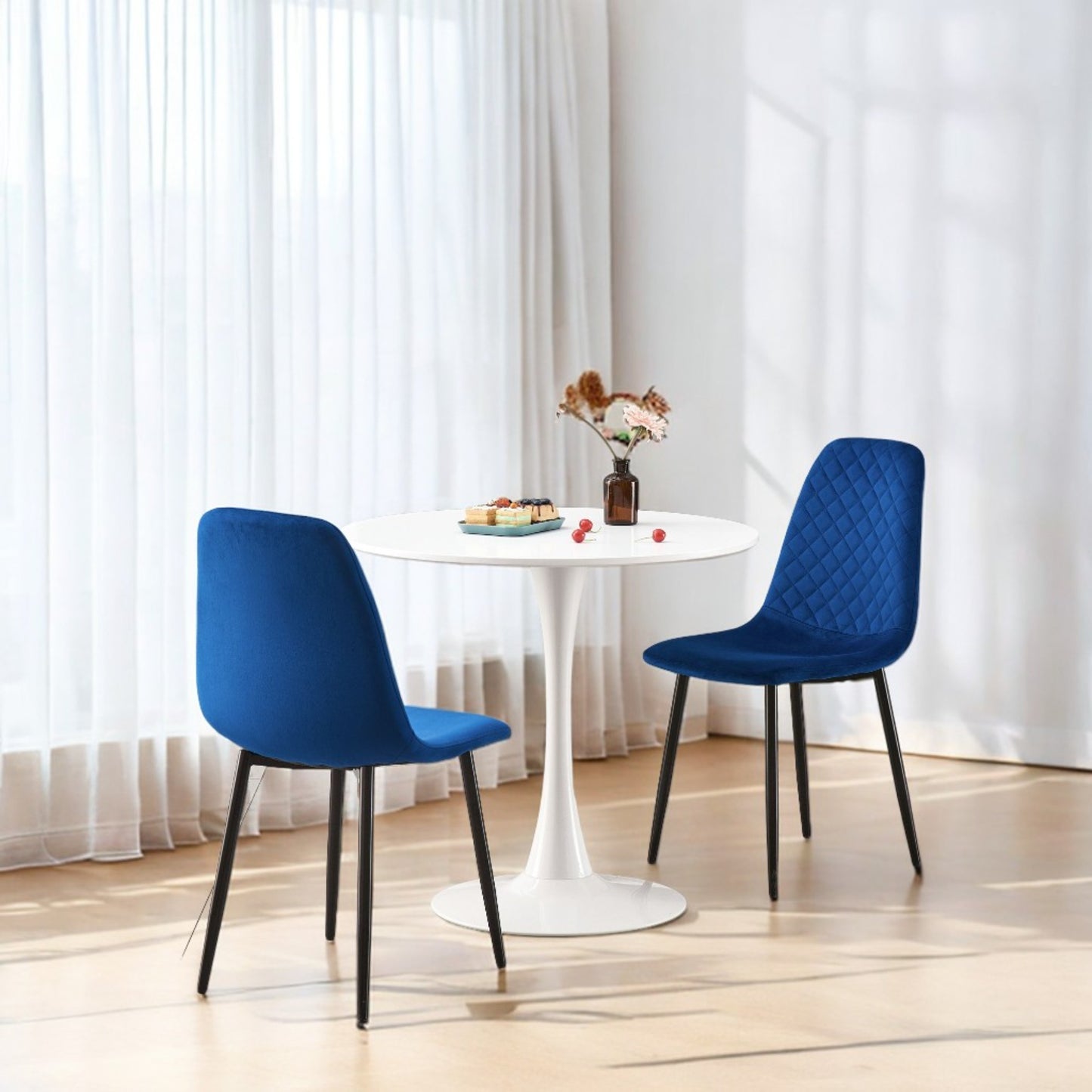 DEJINBU 3pcs Table Set 1x 80CM White Tulip Table With 2x Blue Velvet Dining Chair For Home Cafe Office
