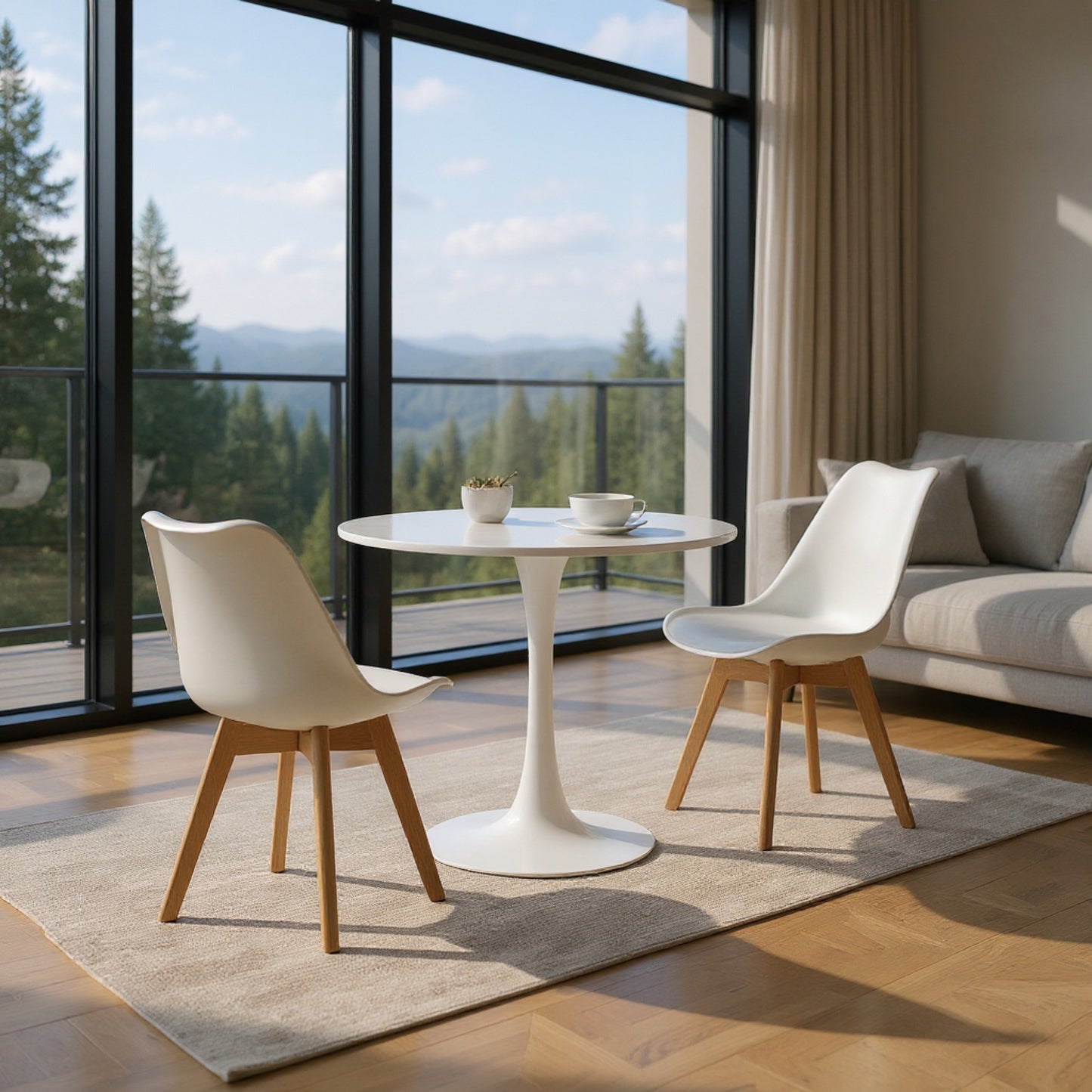 DEJINBU 3pcs Table Set 1x 80CM White Tulip Table With 2x White PP Padded Chair For Home Cafe Office