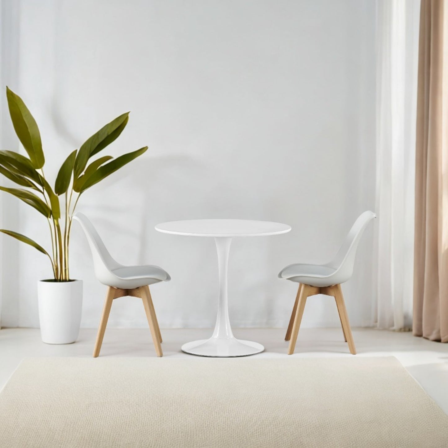 DEJINBU 3pcs Table Set 1x 80CM White Tulip Table With 2x White PP Padded Chair For Home Cafe Office