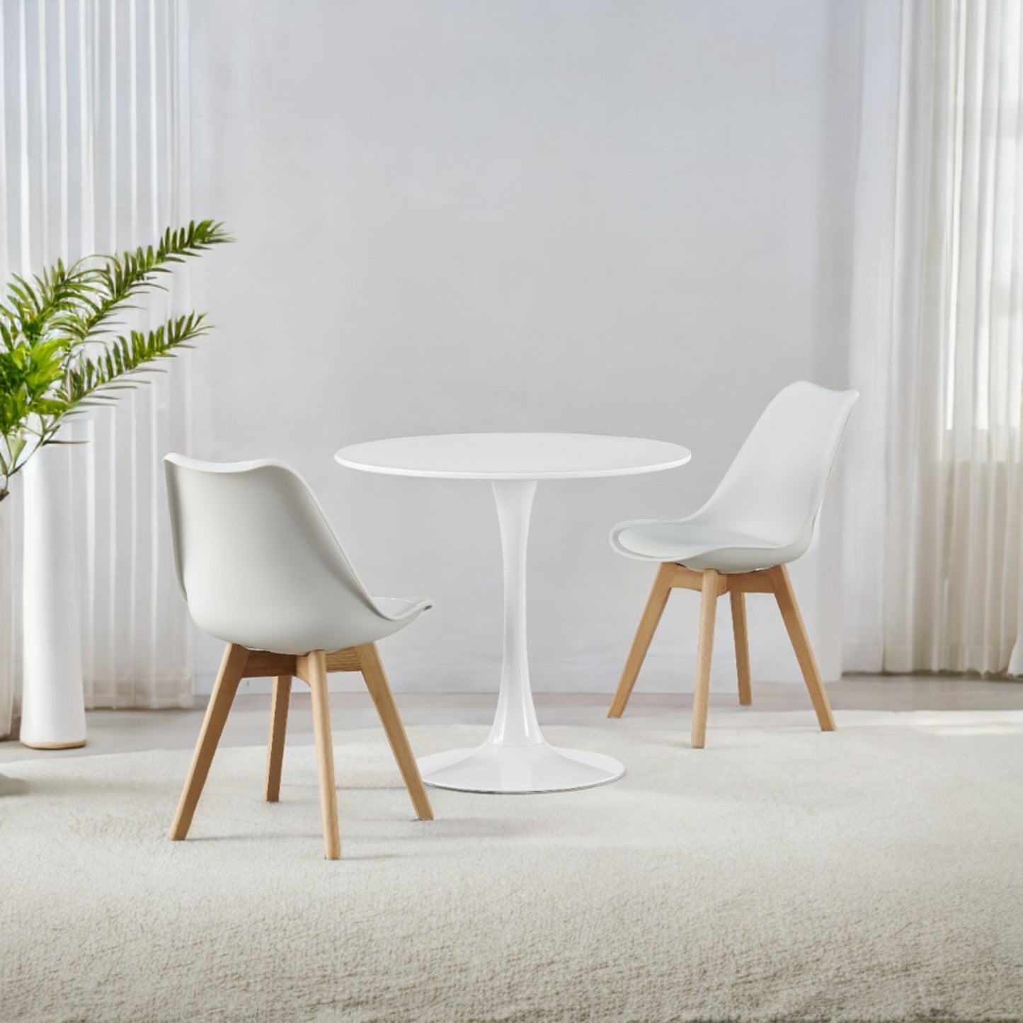 DEJINBU 3pcs Table Set 1x 80CM White Tulip Table With 2x White PP Padded Chair For Home Cafe Office
