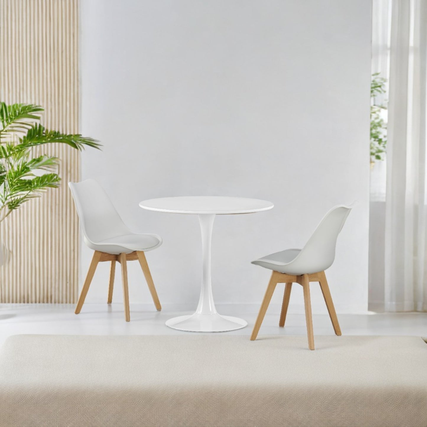 DEJINBU 3pcs Table Set 1x 80CM White Tulip Table With 2x White PP Padded Chair For Home Cafe Office