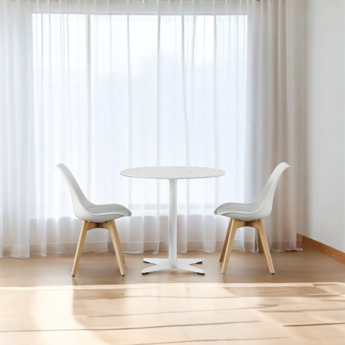 DEJINBU 3pcs Table Set 1x 80CM Faux Marble White Round Table With 2x White PP Padded Chair For Home Cafe Office Apartment