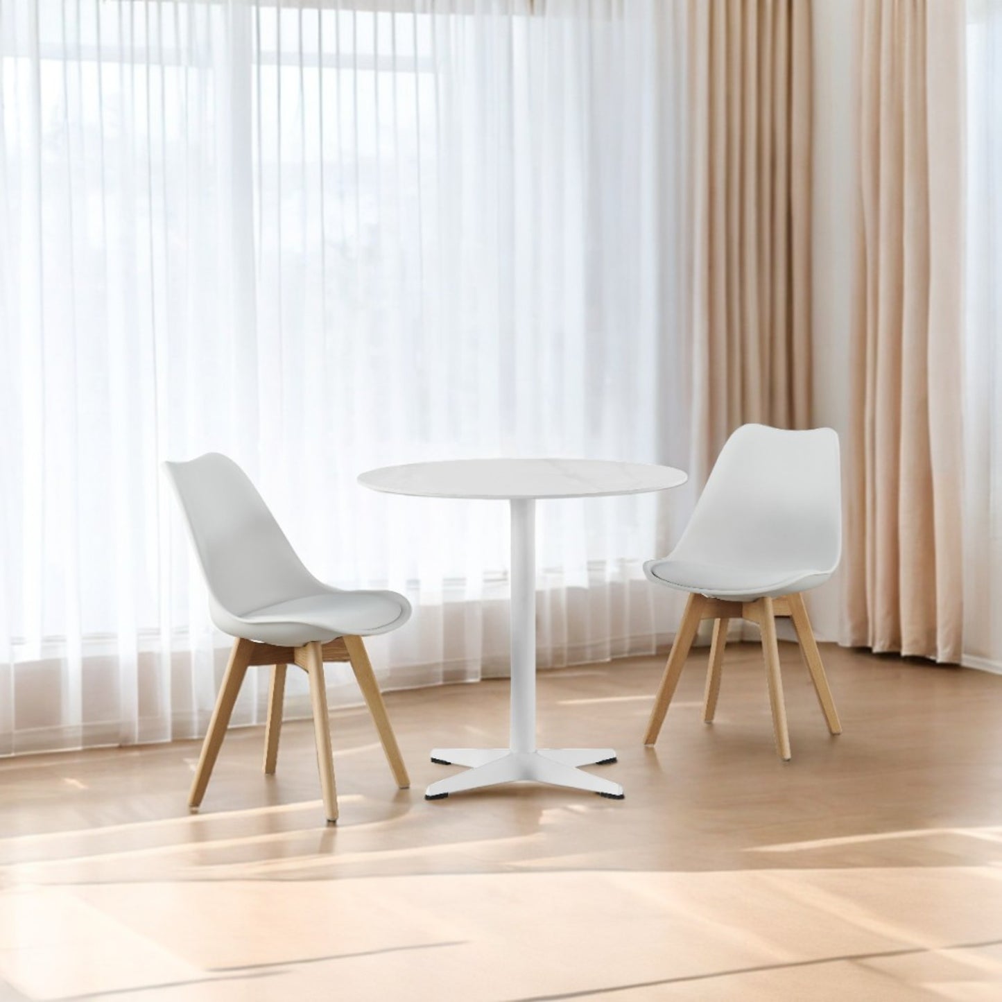 DEJINBU 3pcs Table Set 1x 80CM Faux Marble White Round Table With 2x White PP Padded Chair For Home Cafe Office Apartment