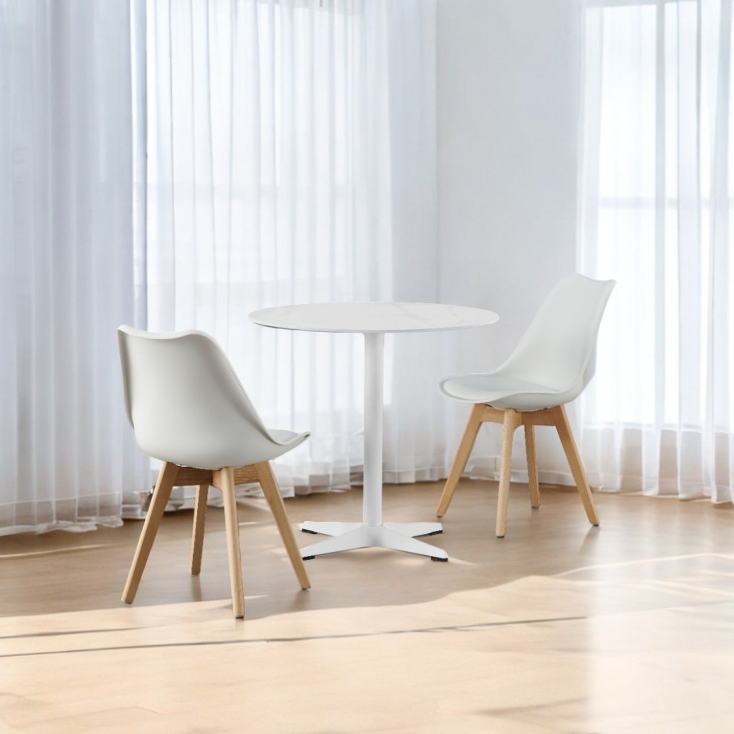 DEJINBU 3pcs Table Set 1x 80CM Faux Marble White Round Table With 2x White PP Padded Chair For Home Cafe Office Apartment