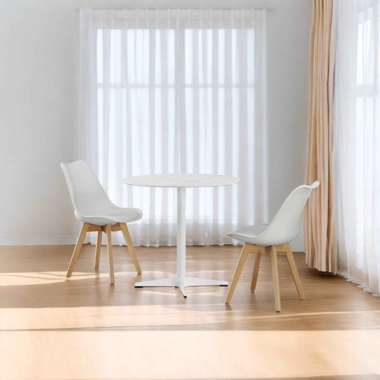 DEJINBU 3pcs Table Set 1x 80CM Faux Marble White Round Table With 2x White PP Padded Chair For Home Cafe Office Apartment